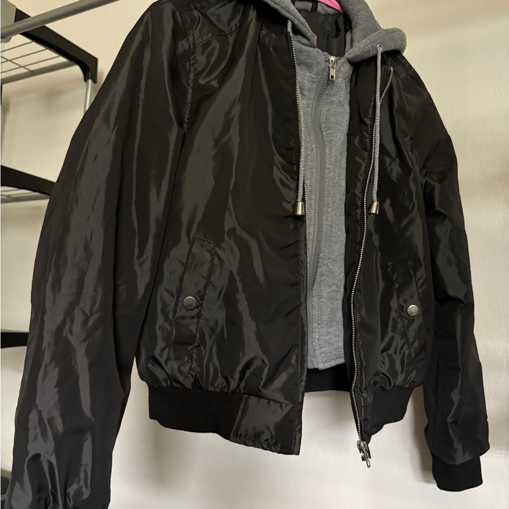 Crop Black Jacket with Gray Hoodie